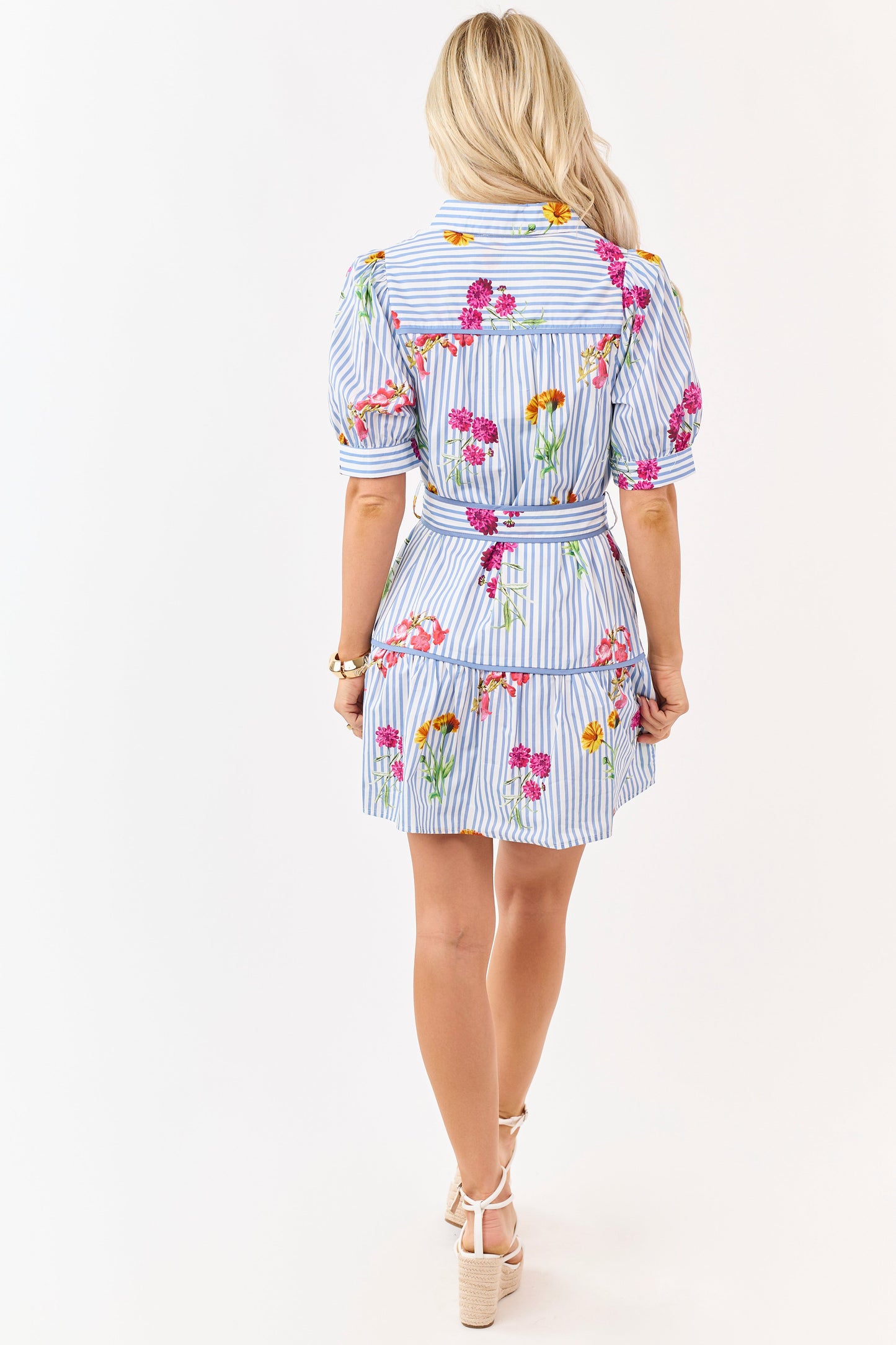 Entro Cornflower Striped Floral Cotton Mini Dress