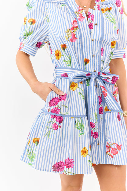 Entro Cornflower Striped Floral Cotton Mini Dress