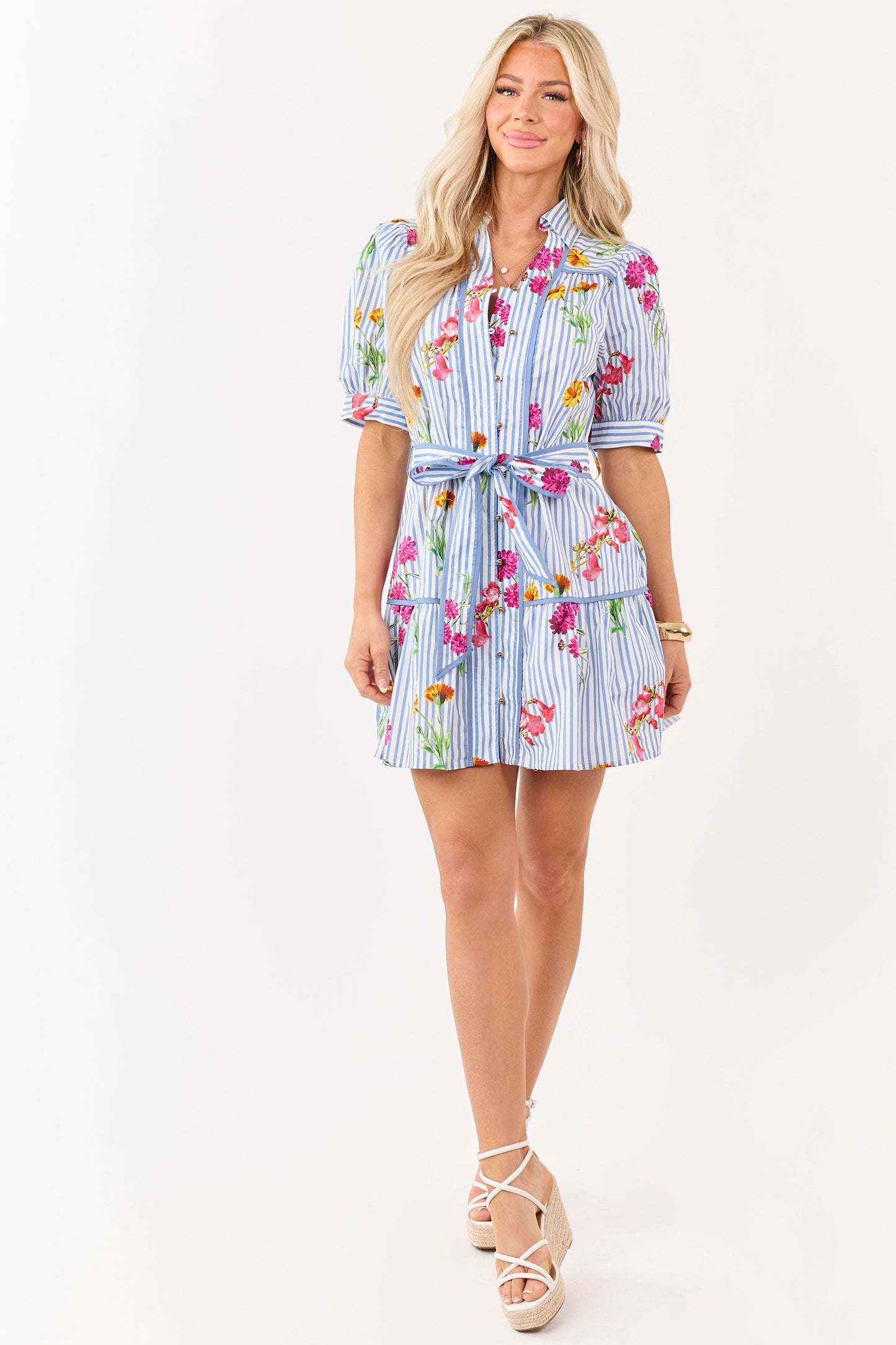 Entro Cornflower Striped Floral Cotton Mini Dress