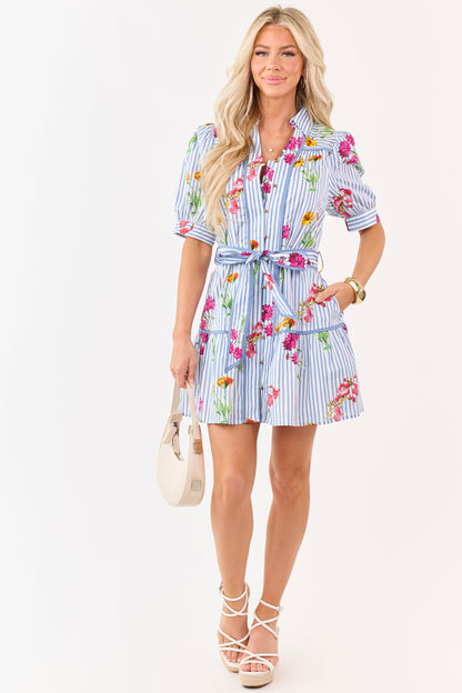 Entro Cornflower Striped Floral Cotton Mini Dress