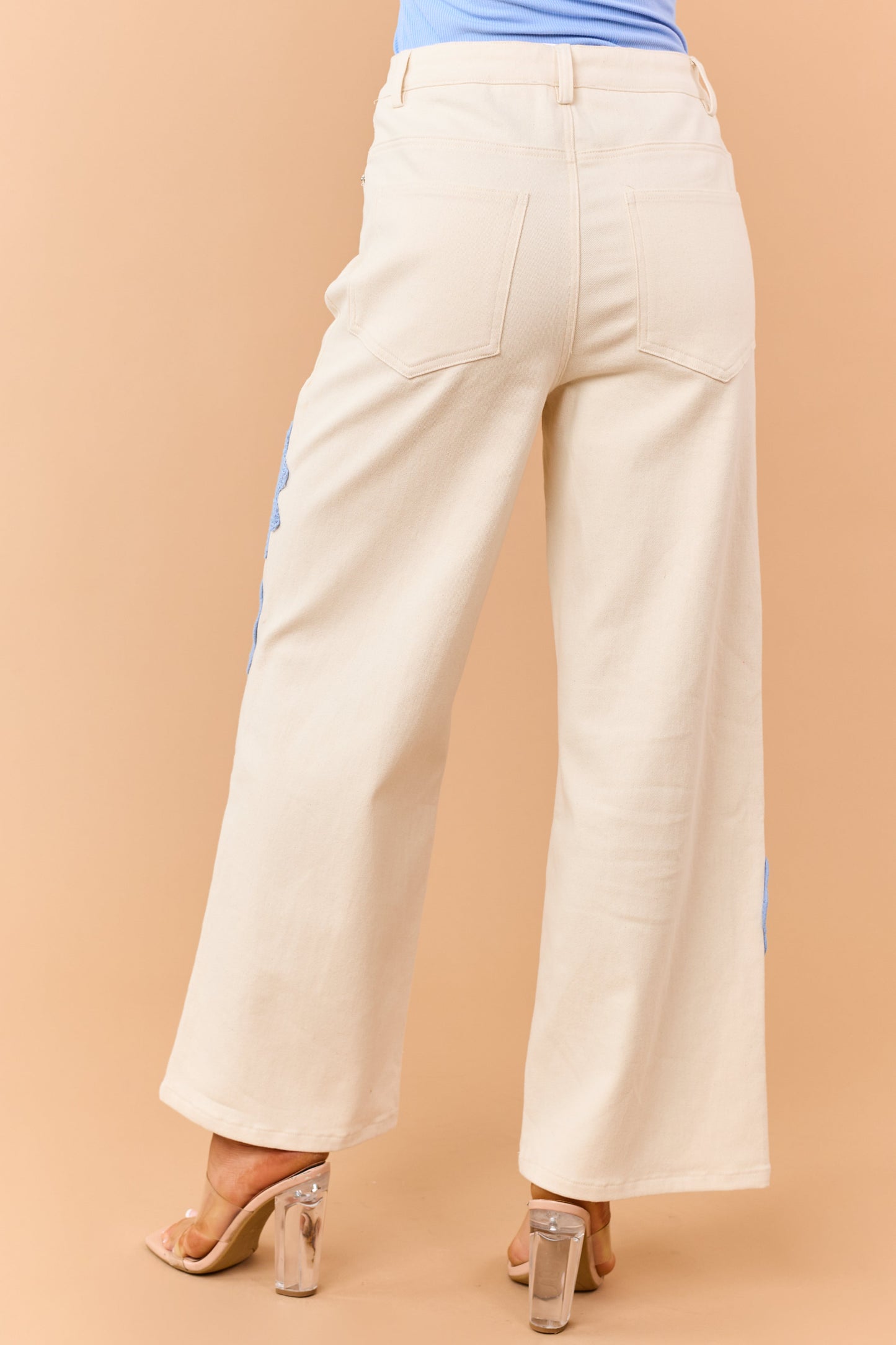 Entro Cream Boho Crochet Patchwork Wide Leg Jeans