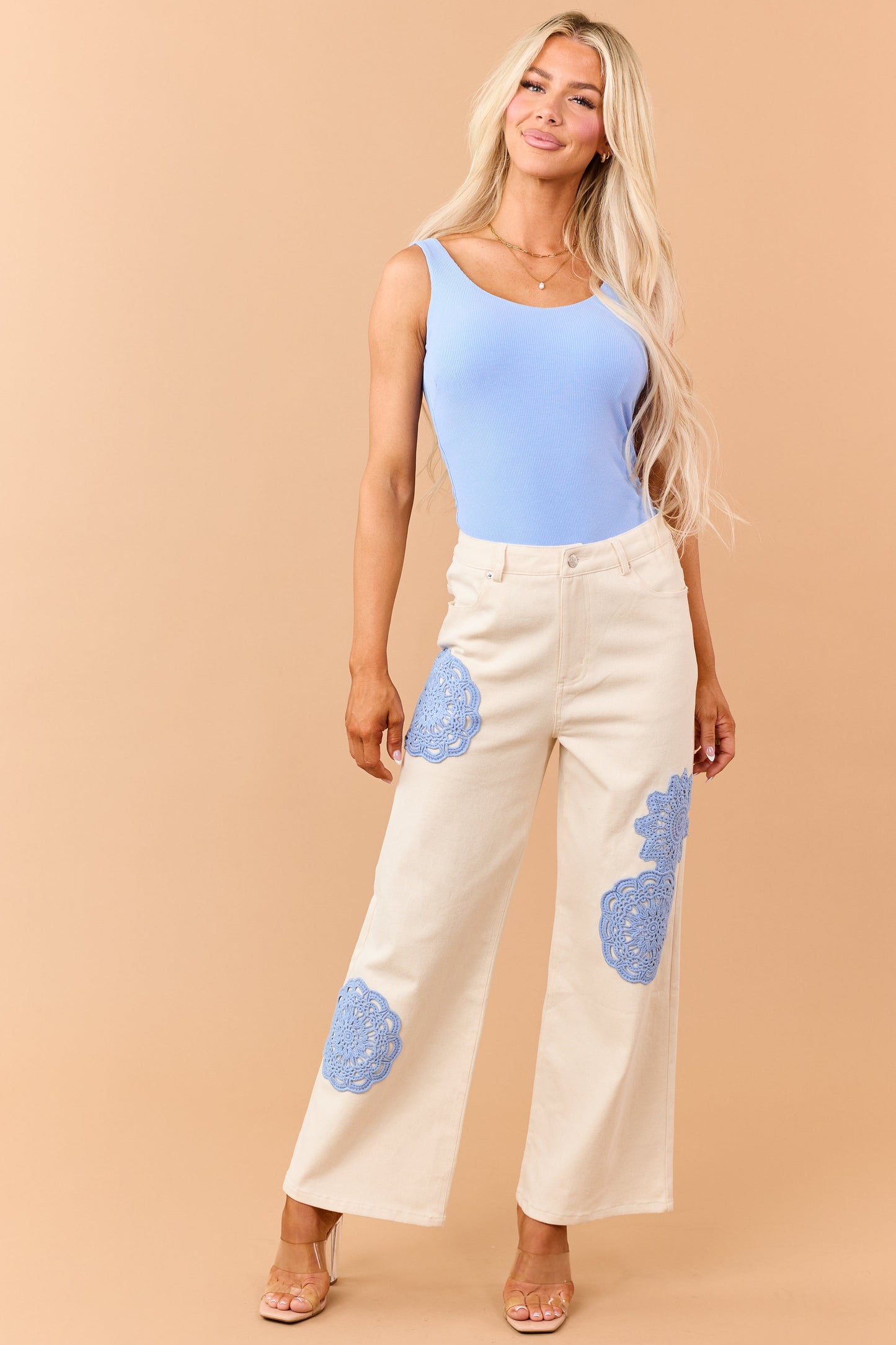 Entro Cream Boho Crochet Patchwork Wide Leg Jeans