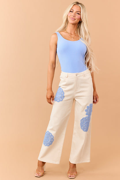 Entro Cream Boho Crochet Patchwork Wide Leg Jeans