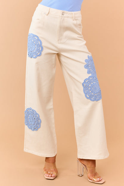 Entro Cream Boho Crochet Patchwork Wide Leg Jeans