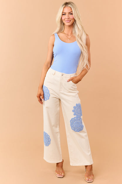 Entro Cream Boho Crochet Patchwork Wide Leg Jeans
