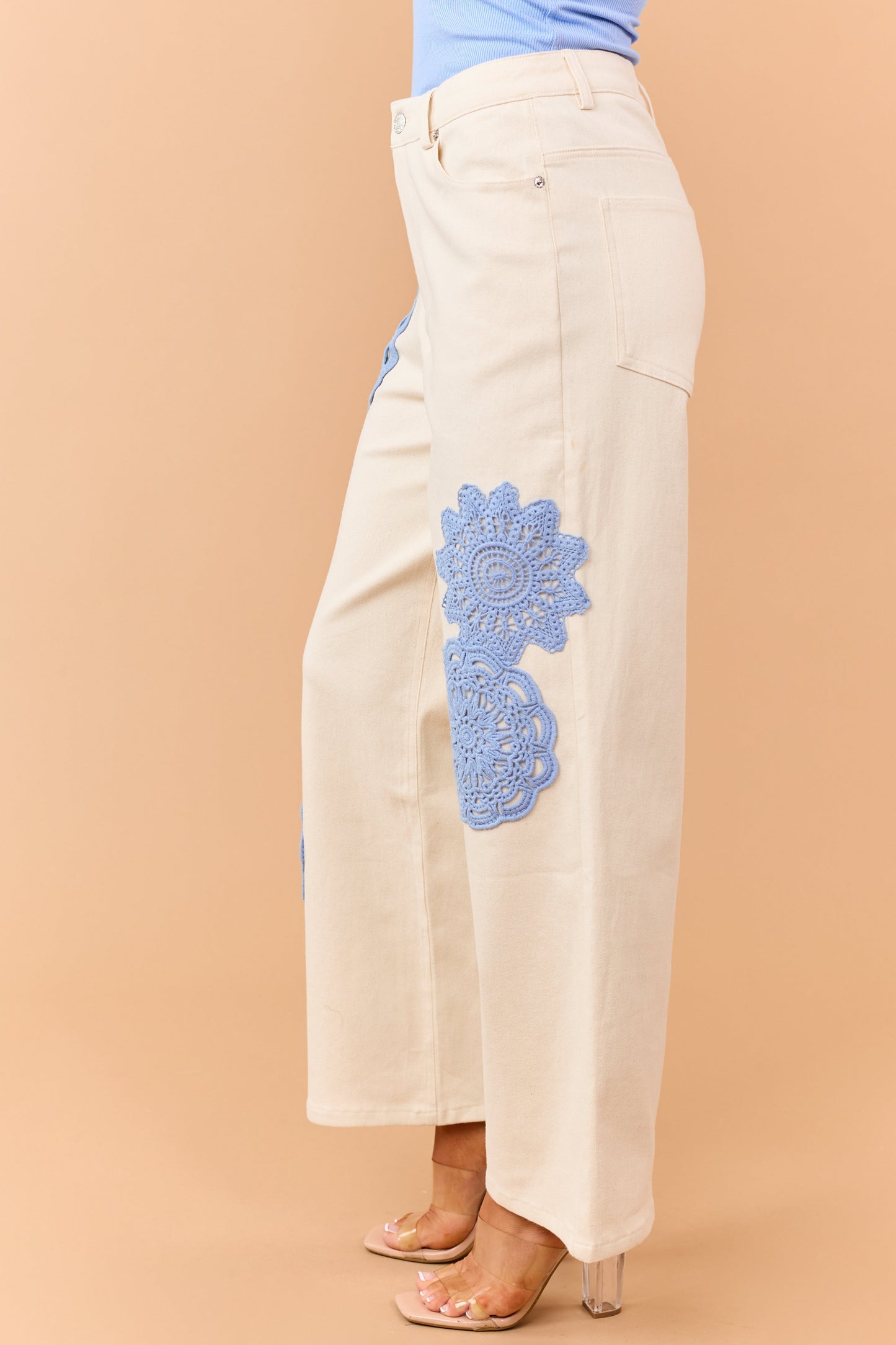 Entro Cream Boho Crochet Patchwork Wide Leg Jeans
