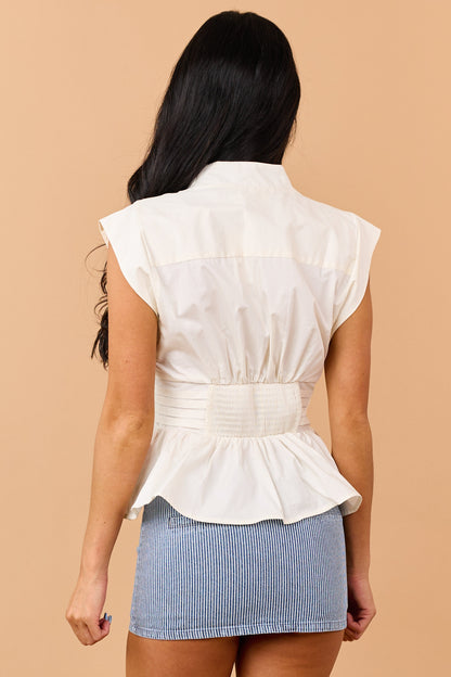 Entro Cream Cotton Buttoned Peplum Top