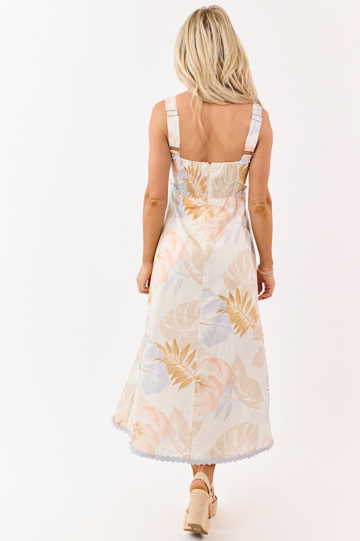 Entro Cream Cotton Floral Print Lace Trim Midi Dress