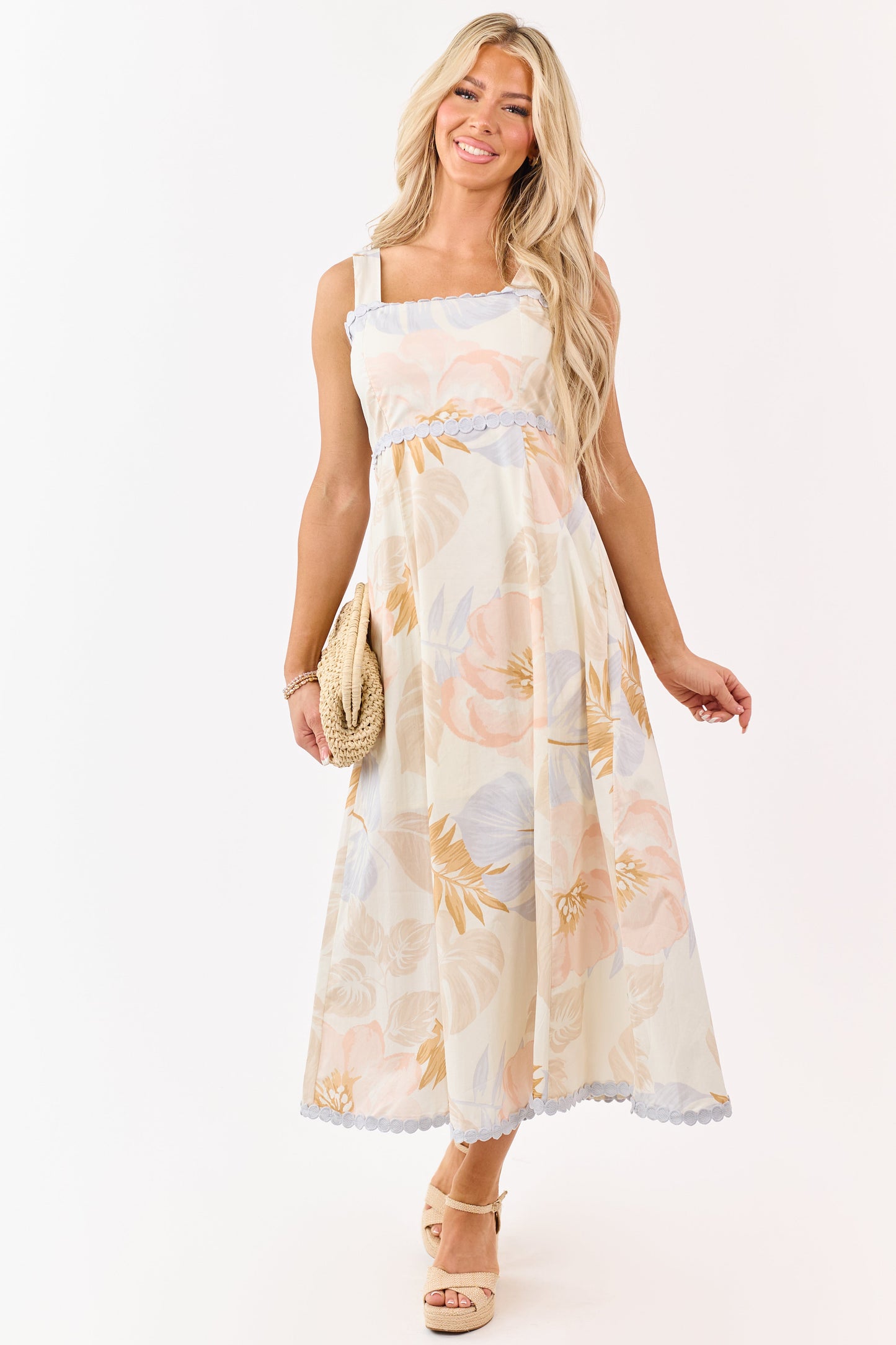 Entro Cream Cotton Floral Print Lace Trim Midi Dress