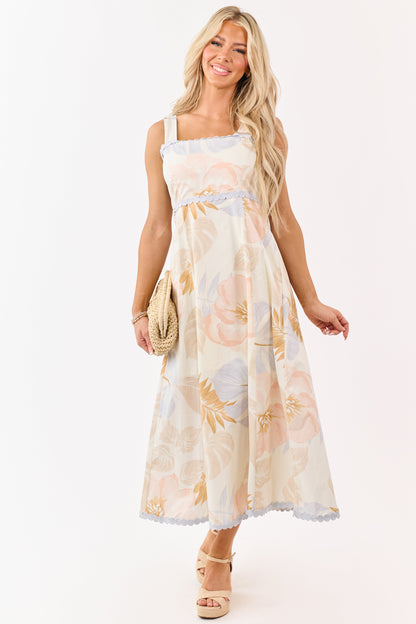 Entro Cream Cotton Floral Print Lace Trim Midi Dress