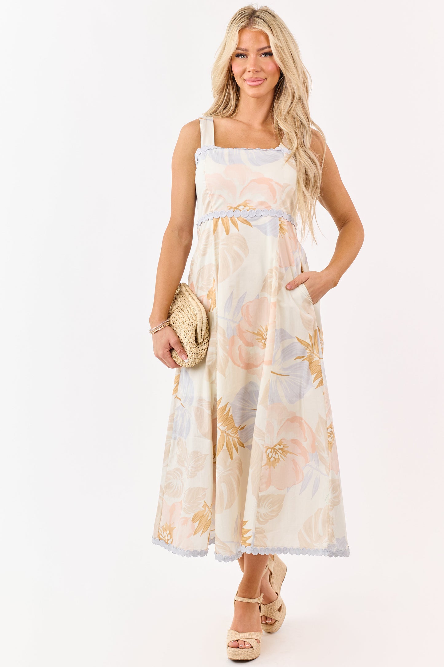 Entro Cream Cotton Floral Print Lace Trim Midi Dress