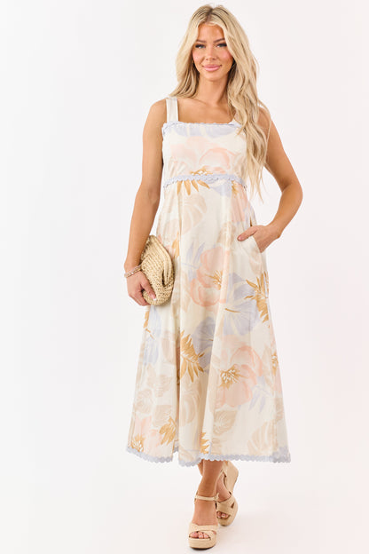Entro Cream Cotton Floral Print Lace Trim Midi Dress
