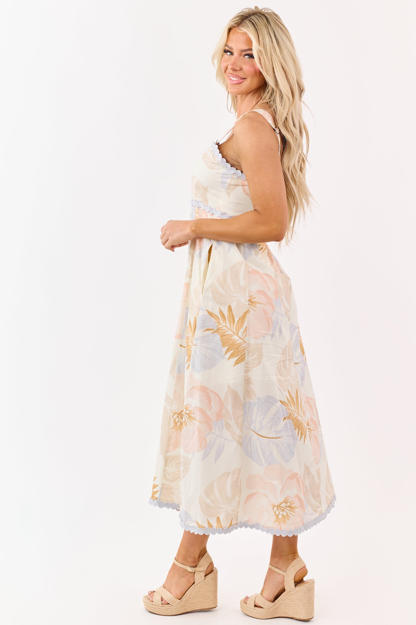 Entro Cream Cotton Floral Print Lace Trim Midi Dress