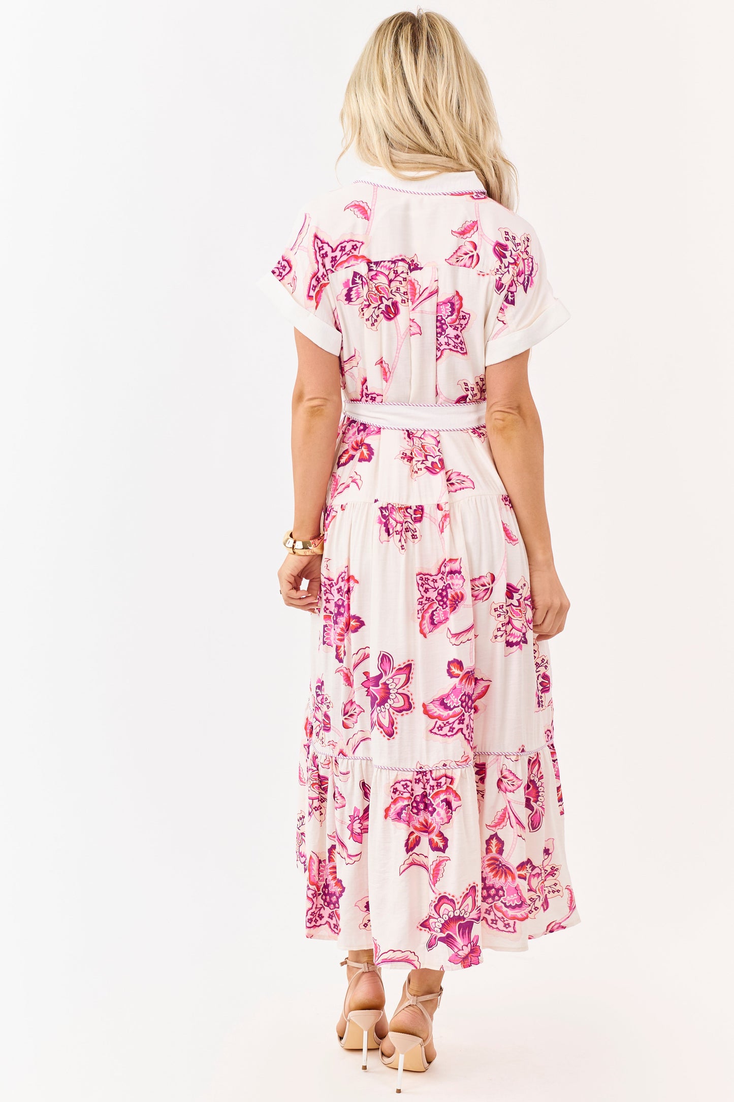 Entro Off White Floral Print Button Down Midi Dress