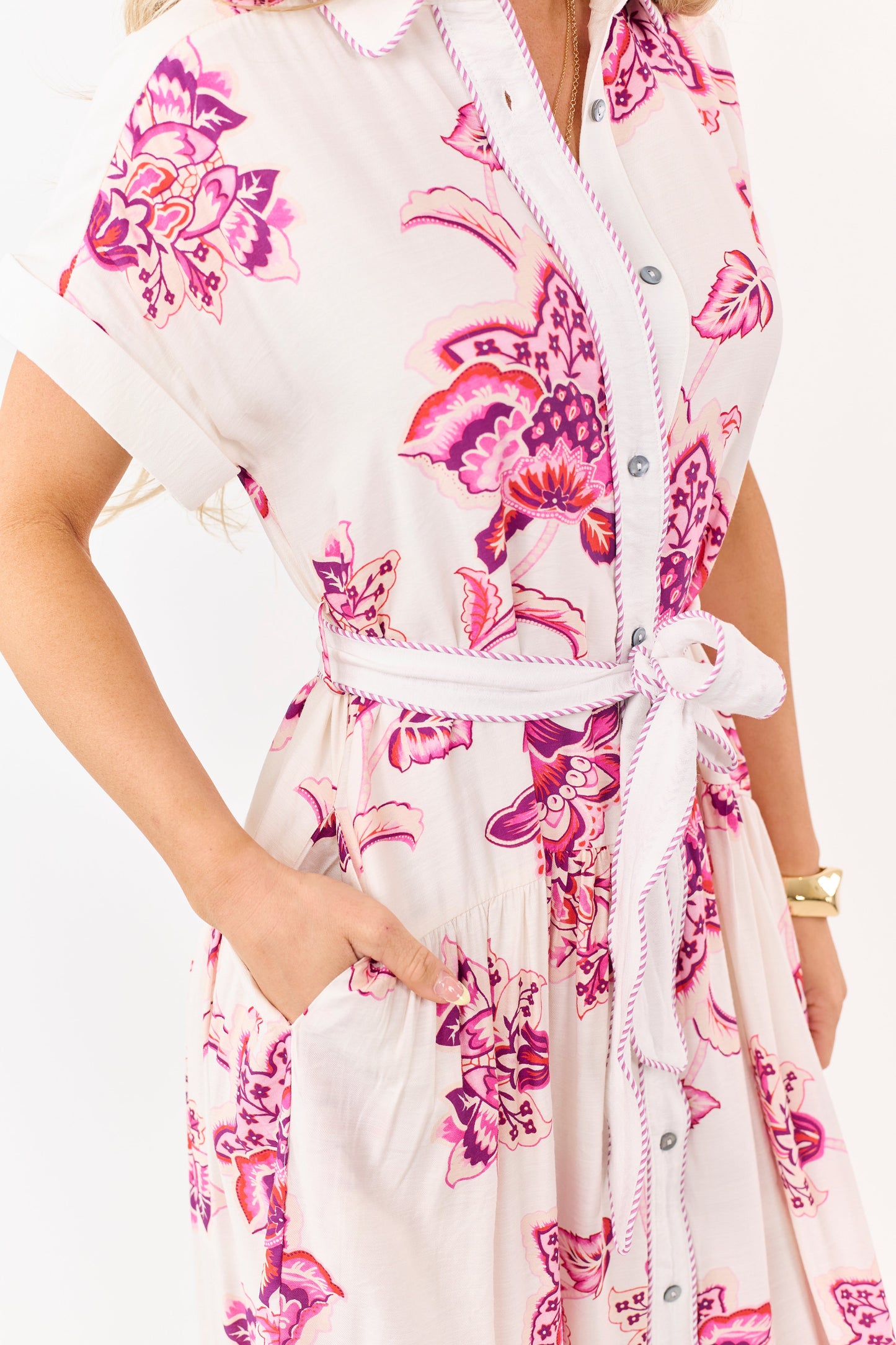Entro Off White Floral Print Button Down Midi Dress