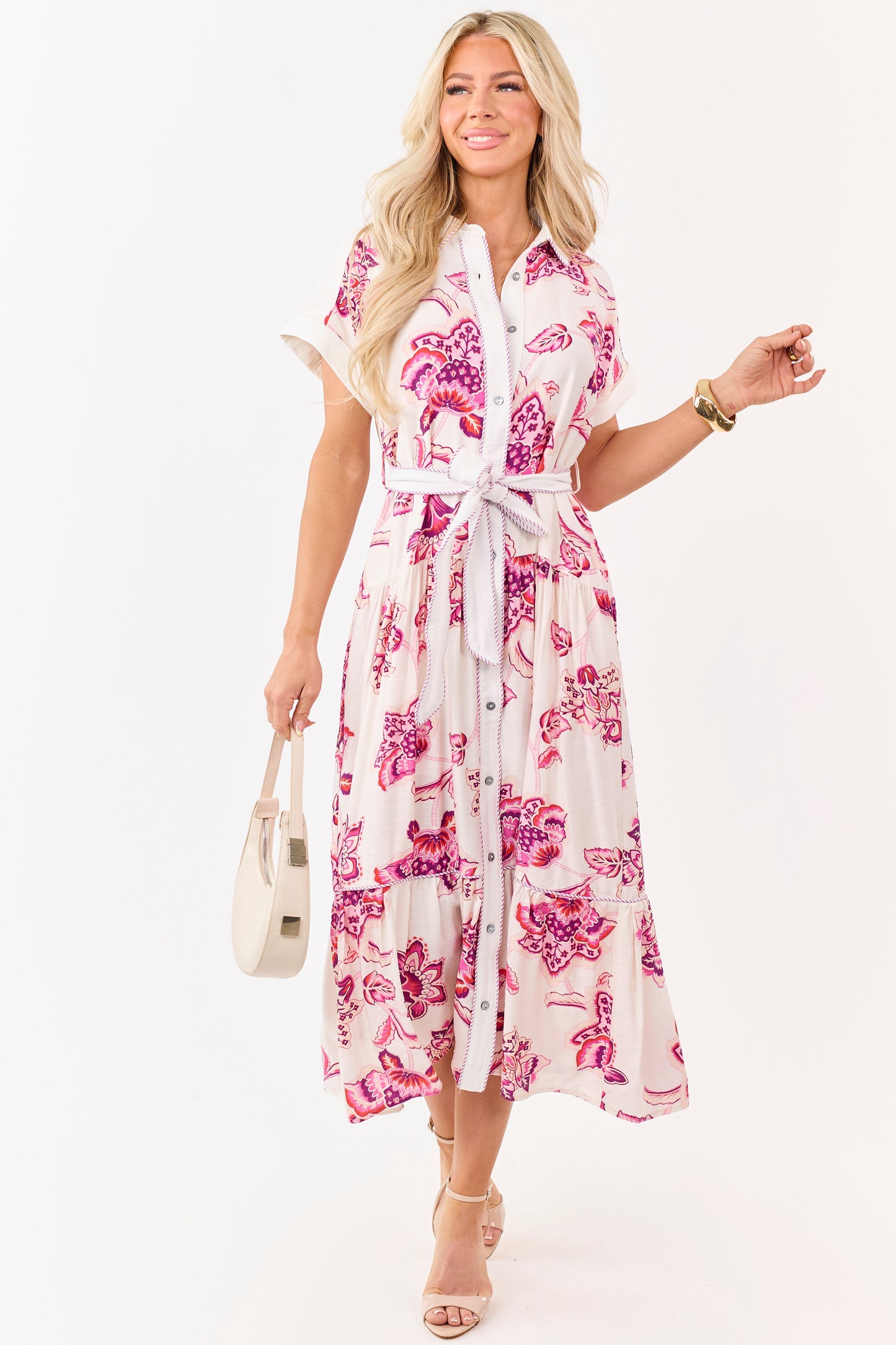 Entro Off White Floral Print Button Down Midi Dress