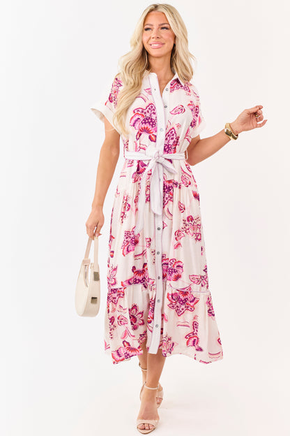 Entro Off White Floral Print Button Down Midi Dress