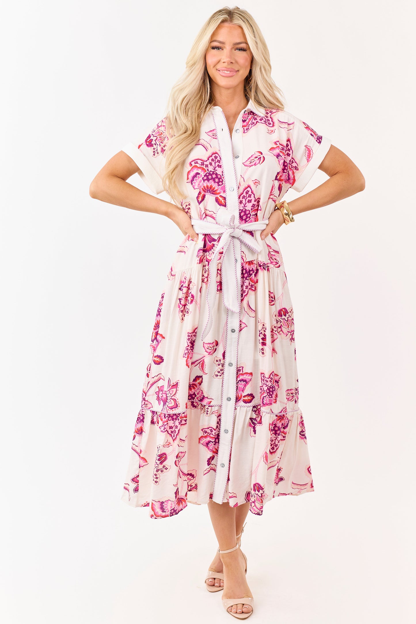 Entro Off White Floral Print Button Down Midi Dress