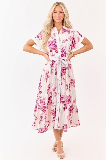 Entro Off White Floral Print Button Down Midi Dress