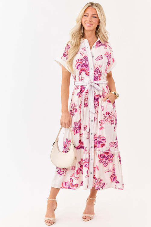 Entro Off White Floral Print Button Down Midi Dress