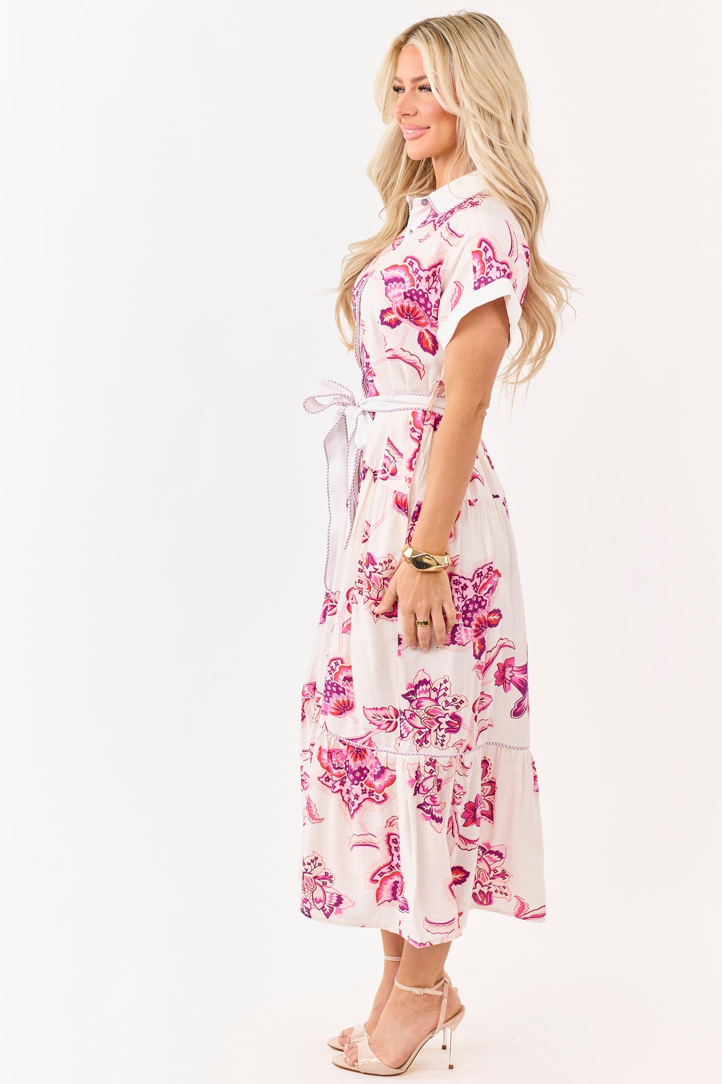 Entro Off White Floral Print Button Down Midi Dress