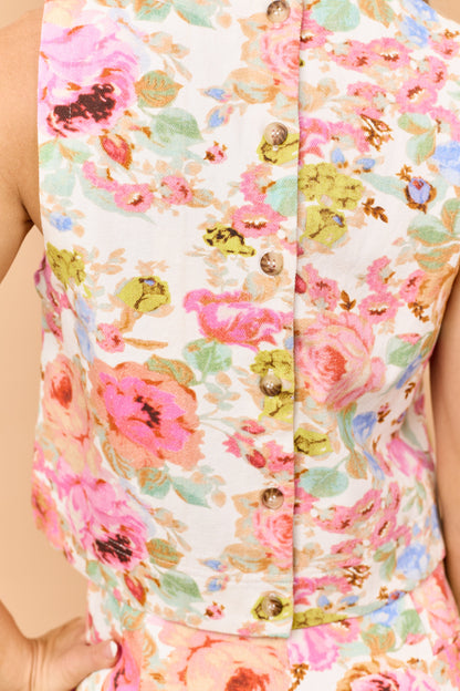 Entro Cream Floral Print Denim Tank Top
