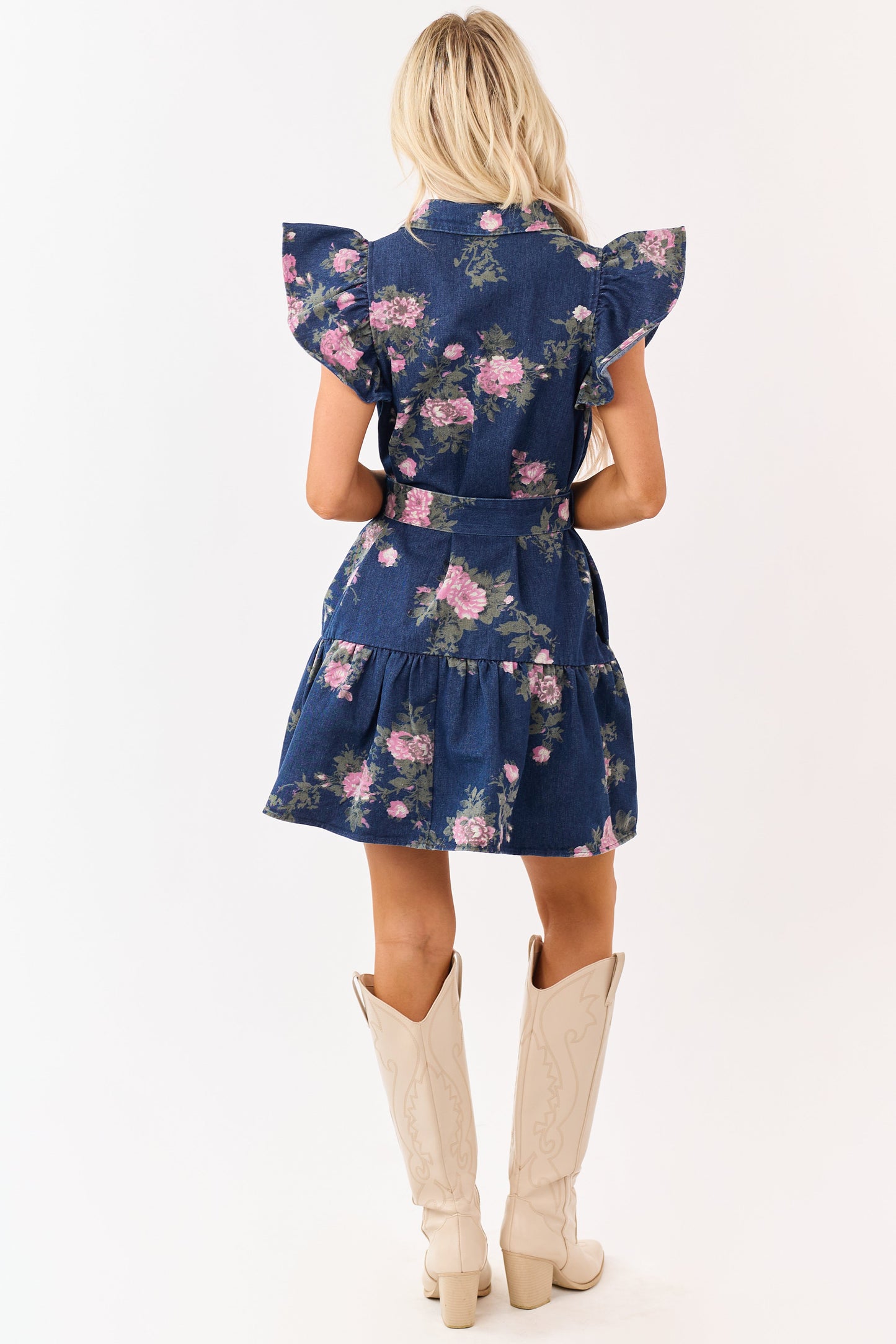 Entro Dark Denim Floral Button Down Mini Dress
