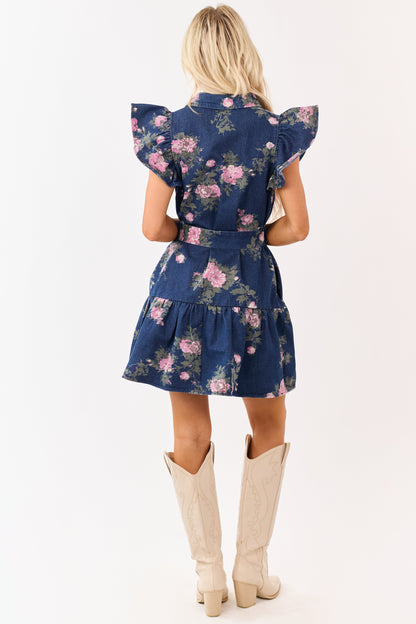 Entro Dark Denim Floral Button Down Mini Dress