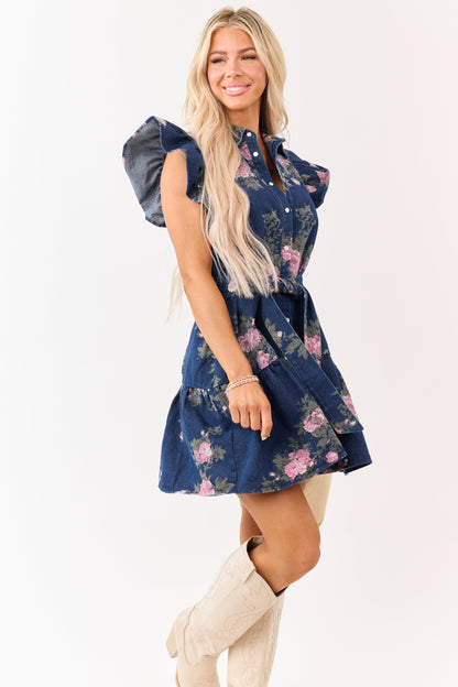 Entro Dark Denim Floral Button Down Mini Dress