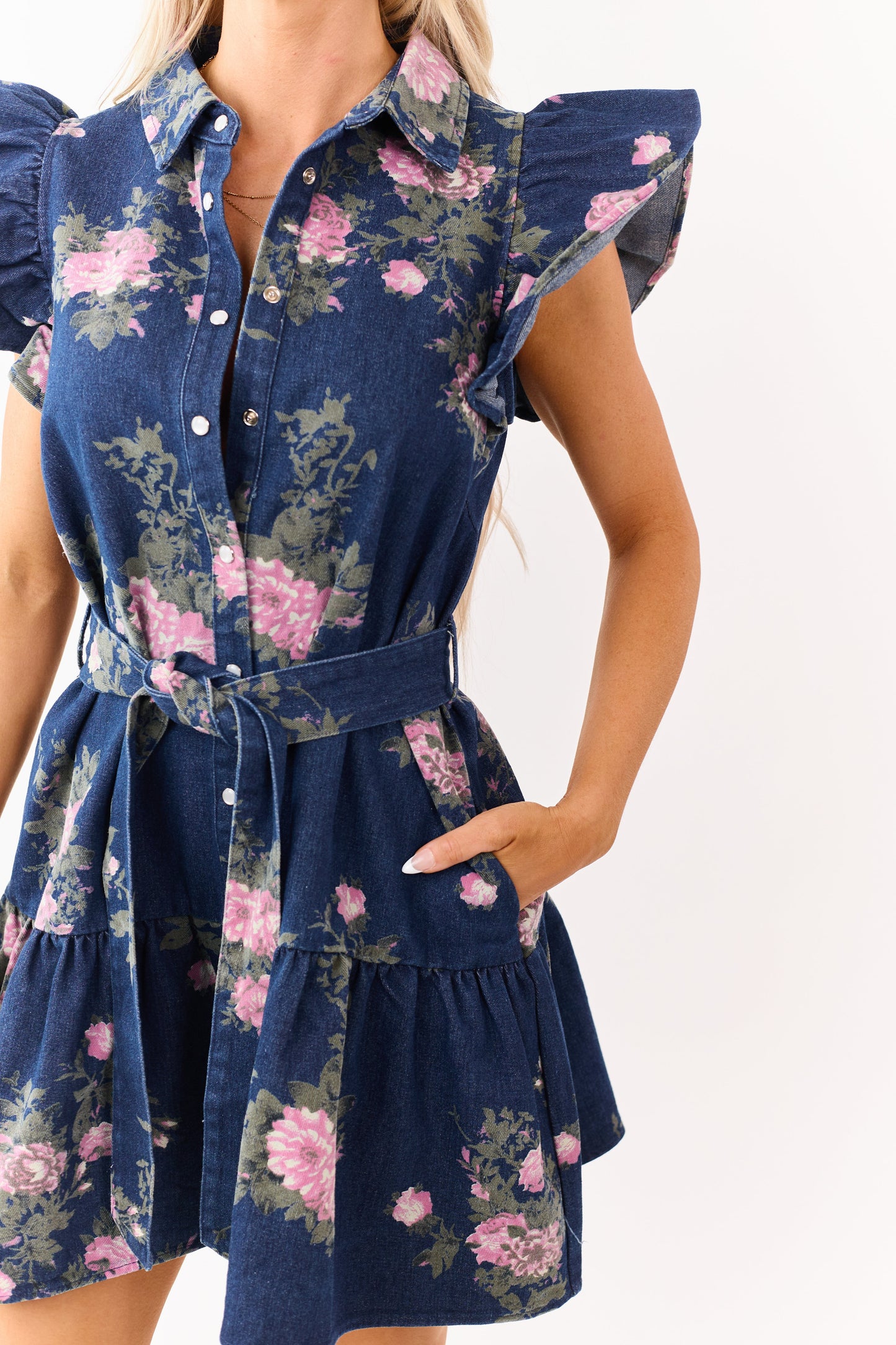 Entro Dark Denim Floral Button Down Mini Dress