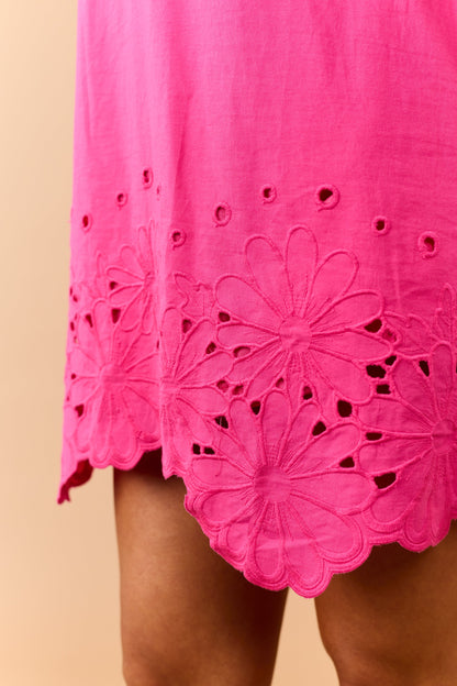 Entro Hot Pink Cotton Floral Hem Short Dress