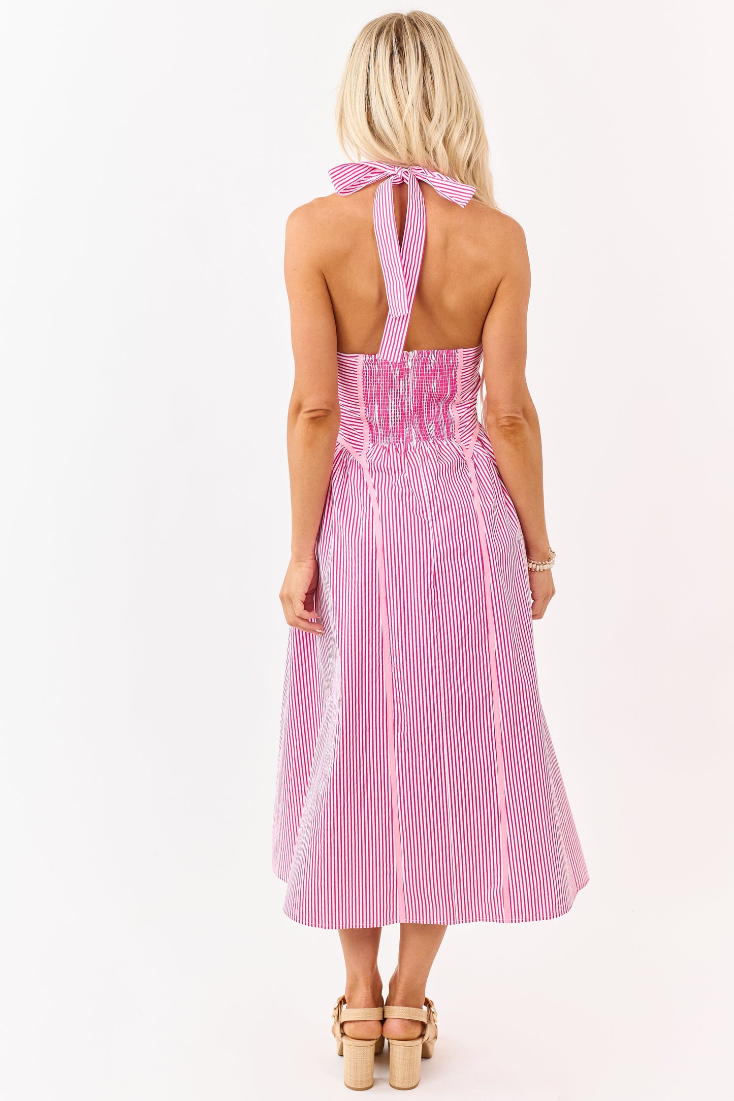Entro Hot Pink Striped Cotton Halter Midi Dress