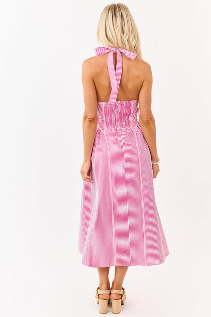 Entro Hot Pink Striped Cotton Halter Midi Dress