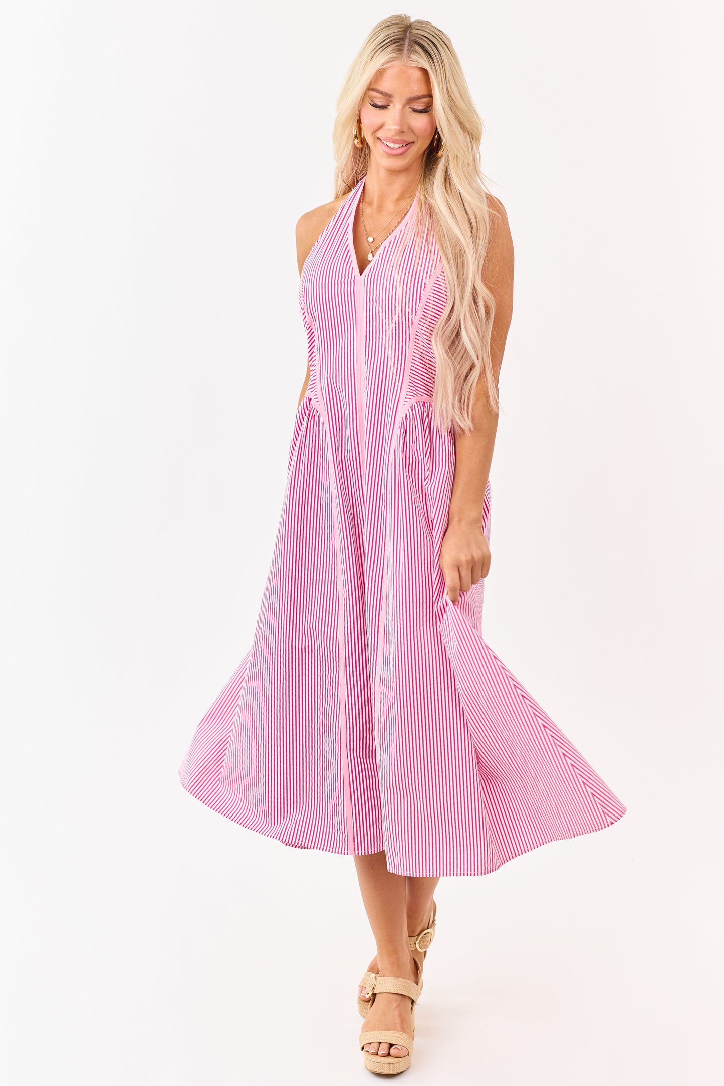 Entro Hot Pink Striped Cotton Halter Midi Dress
