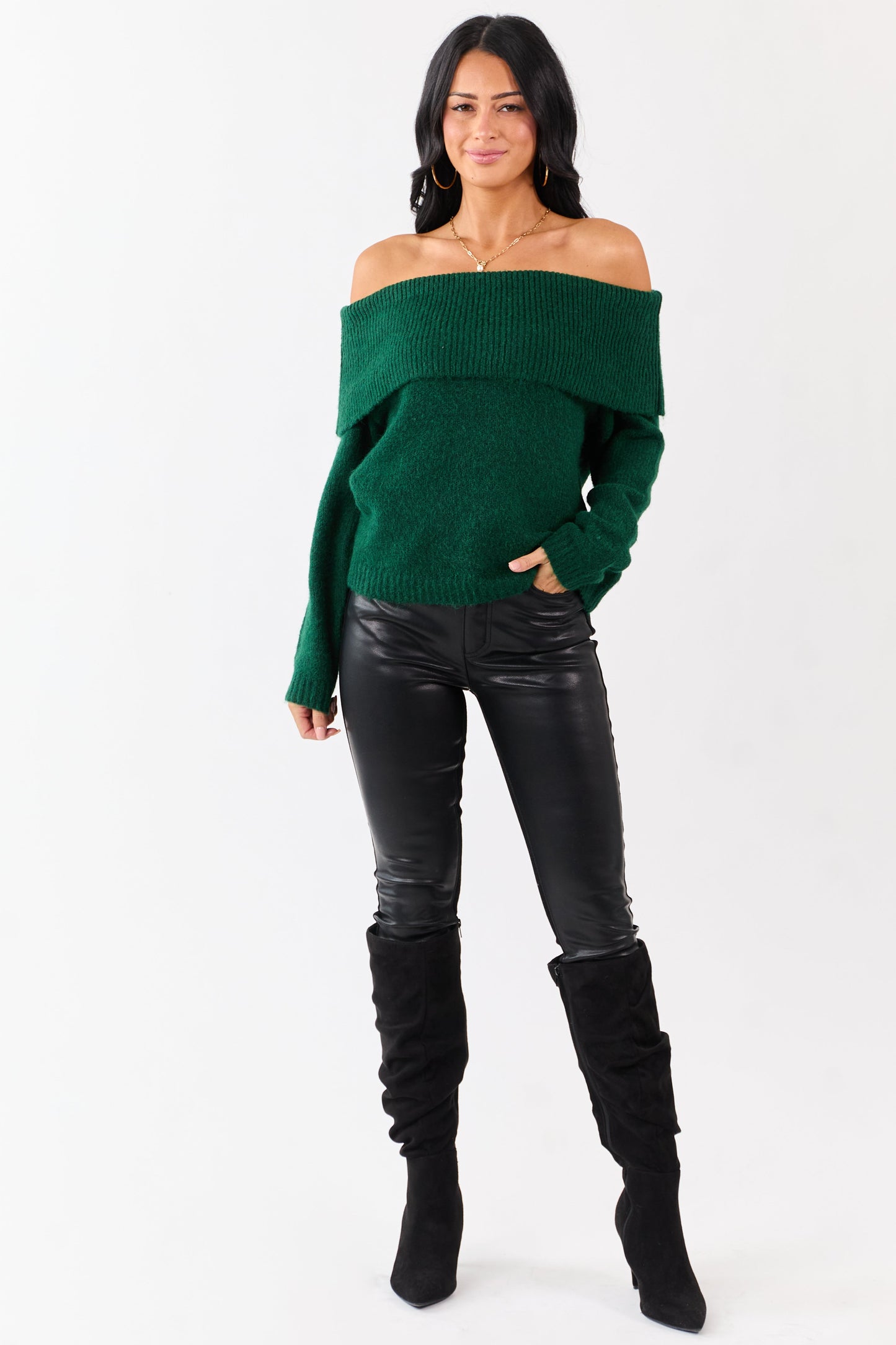 Entro Hunter Green Wool Blend Off Shoulder Sweater