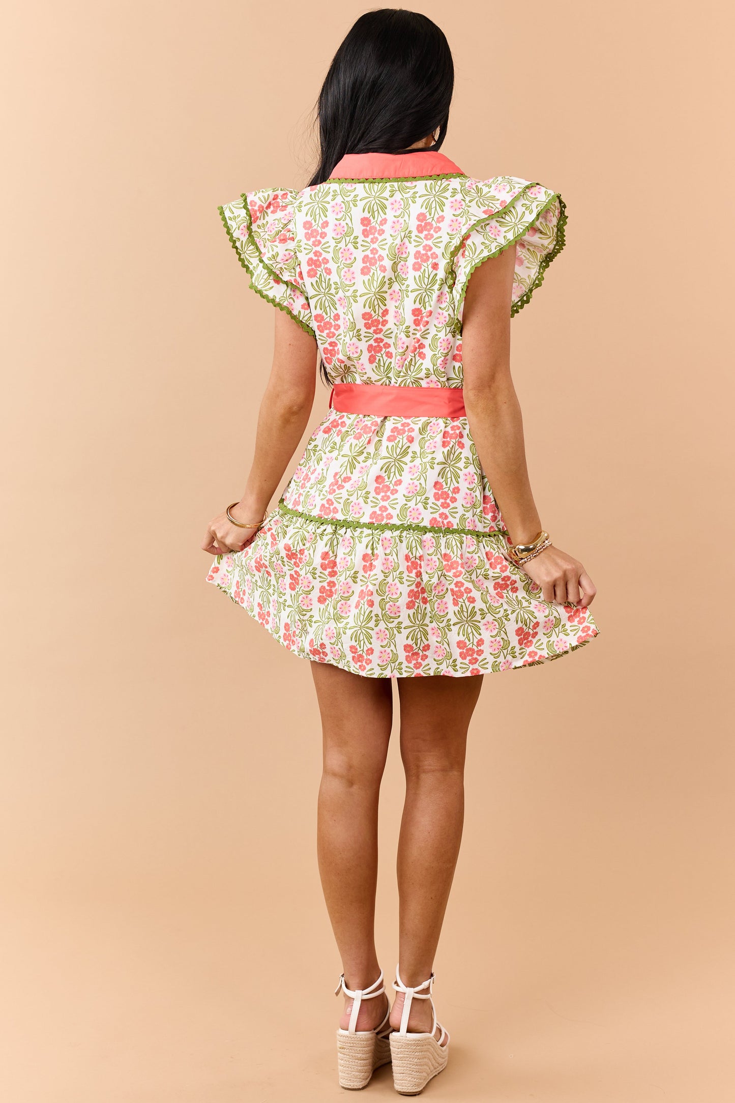 Entro Ivory Floral Print Buttoned Cotton Mini Dress