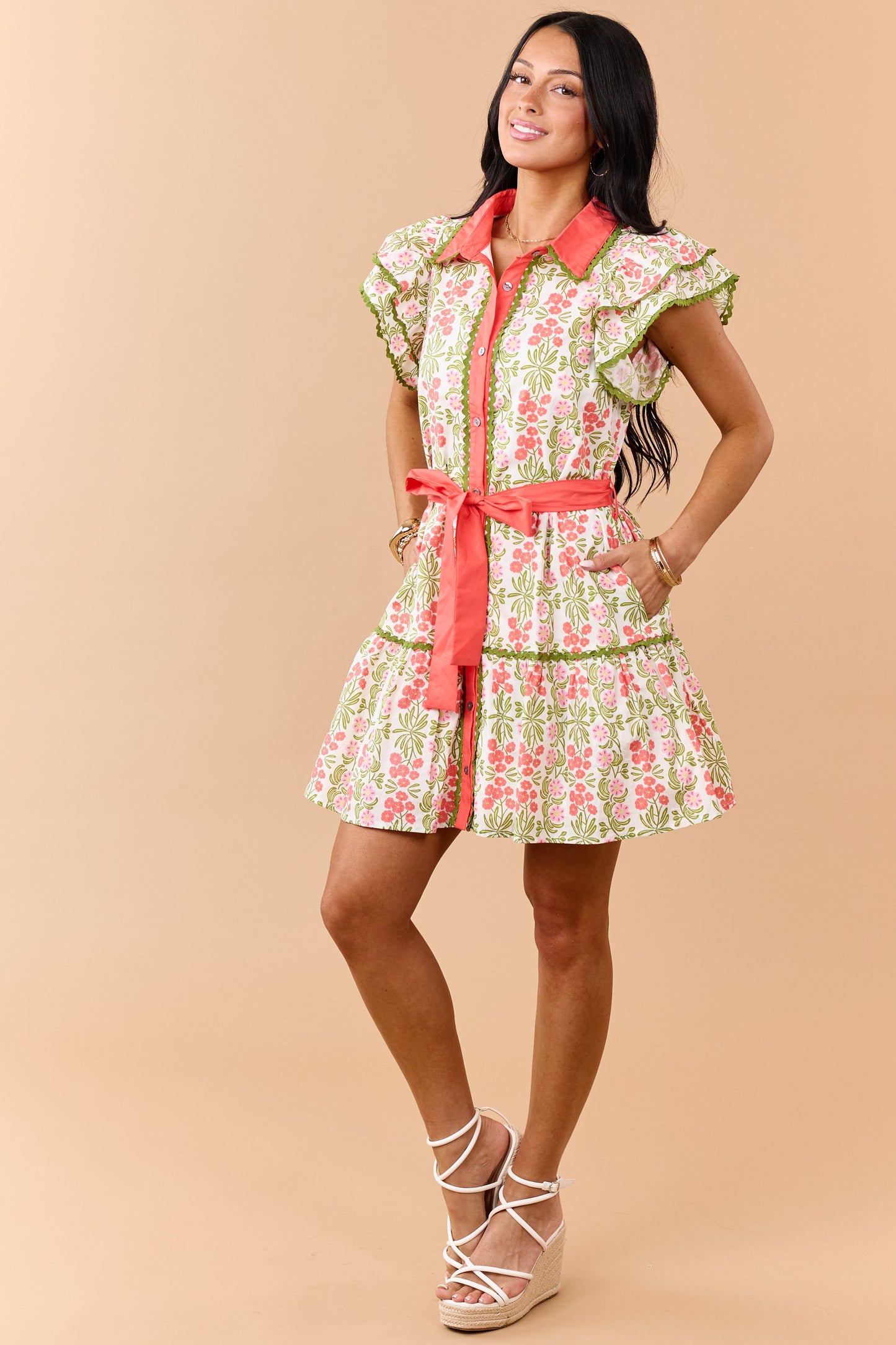 Entro Ivory Floral Print Buttoned Cotton Mini Dress