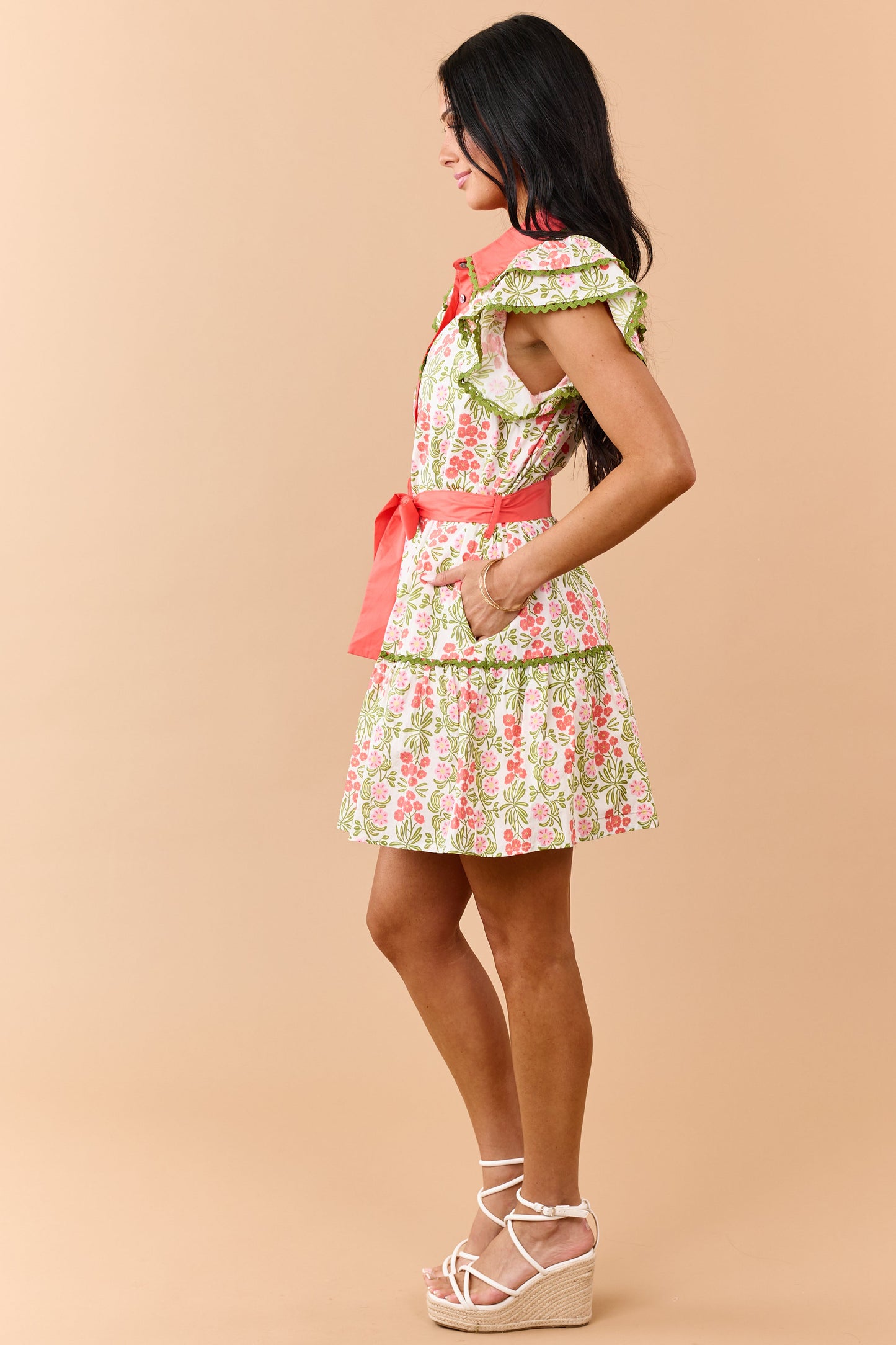 Entro Ivory Floral Print Buttoned Cotton Mini Dress