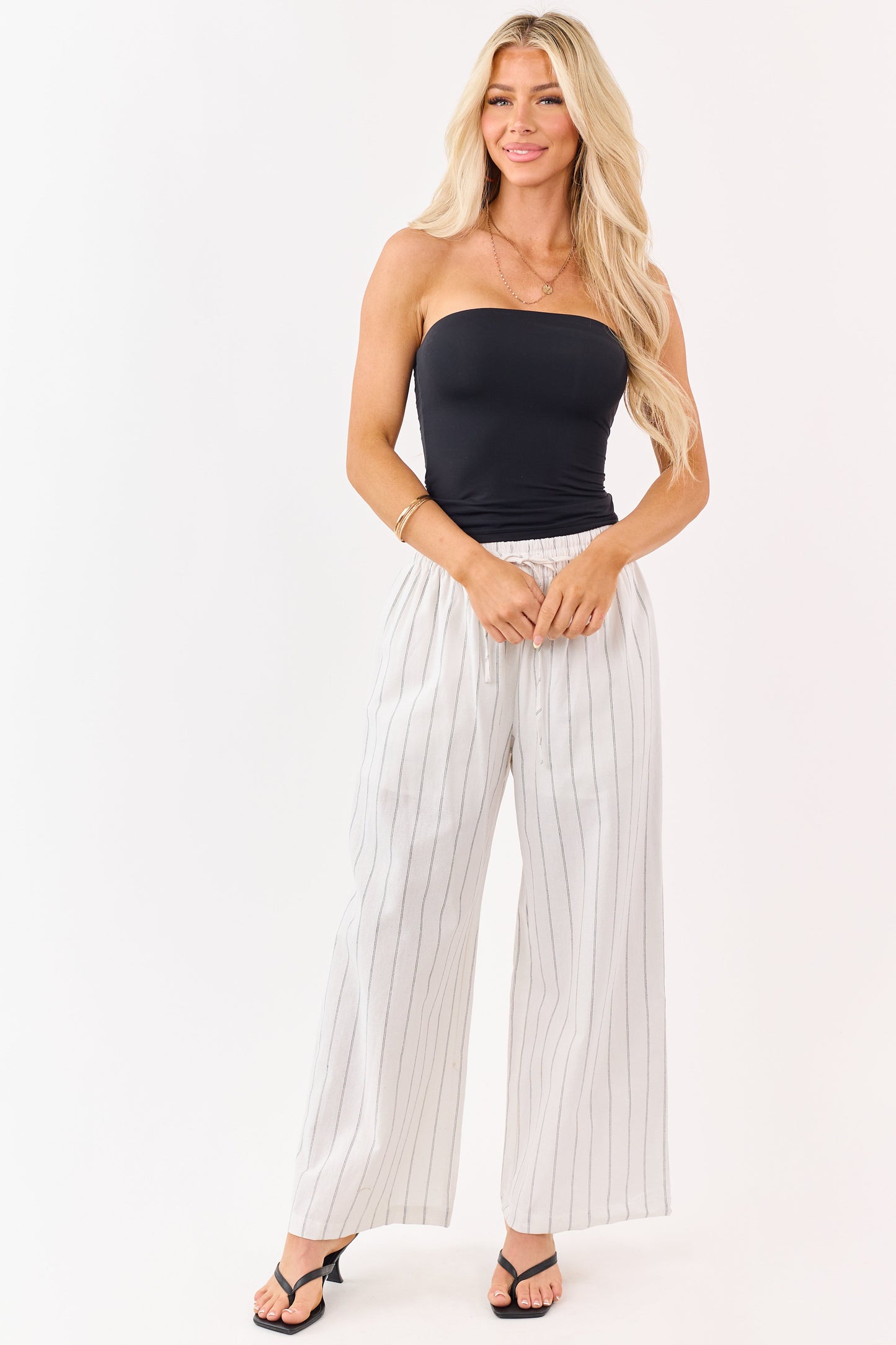 Entro Ivory Striped Linen Blend Drawstring Pants