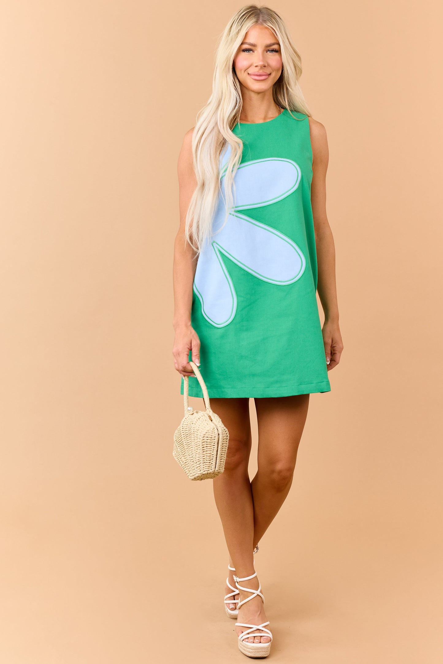 Entro Kelly Green Linen Blend Flower Mini Dress