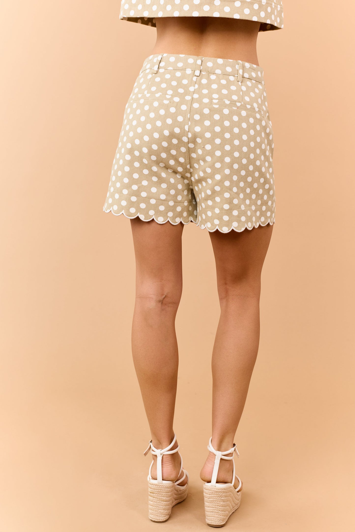 Entro Khaki Denim Polka Dot Scalloped Hem Shorts