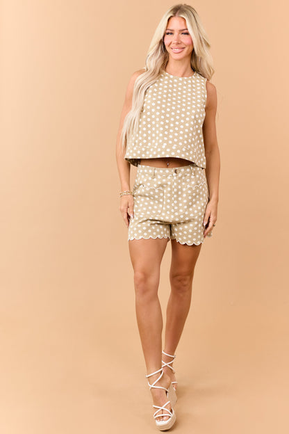 Entro Khaki Denim Polka Dot Scalloped Hem Shorts