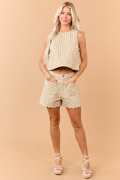 Entro Khaki Denim Polka Dot Scalloped Hem Shorts