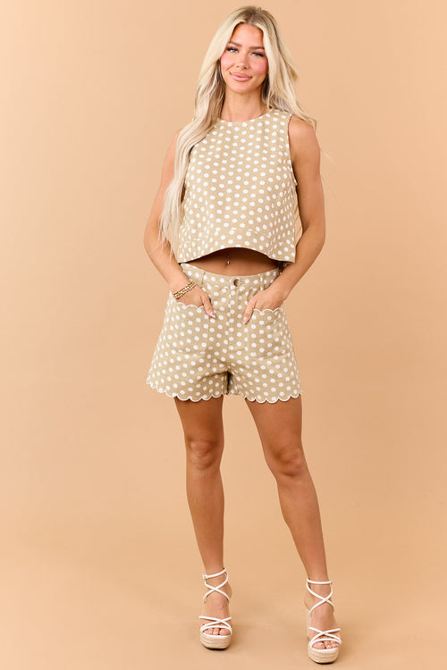 Entro Khaki Denim Polka Dot Scalloped Hem Shorts