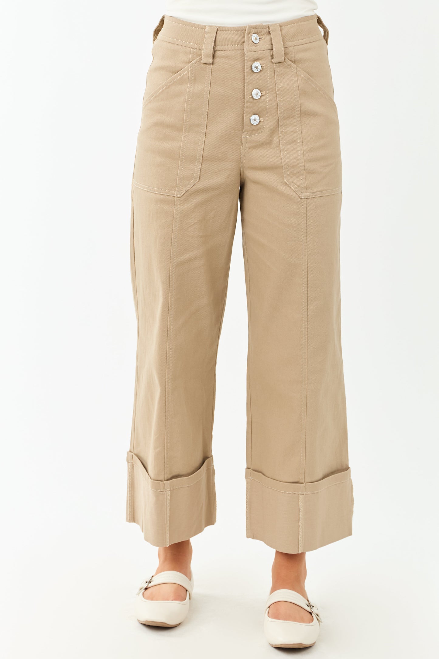 Entro Latte Wide Leg Cropped Cuffed High Waist Pants