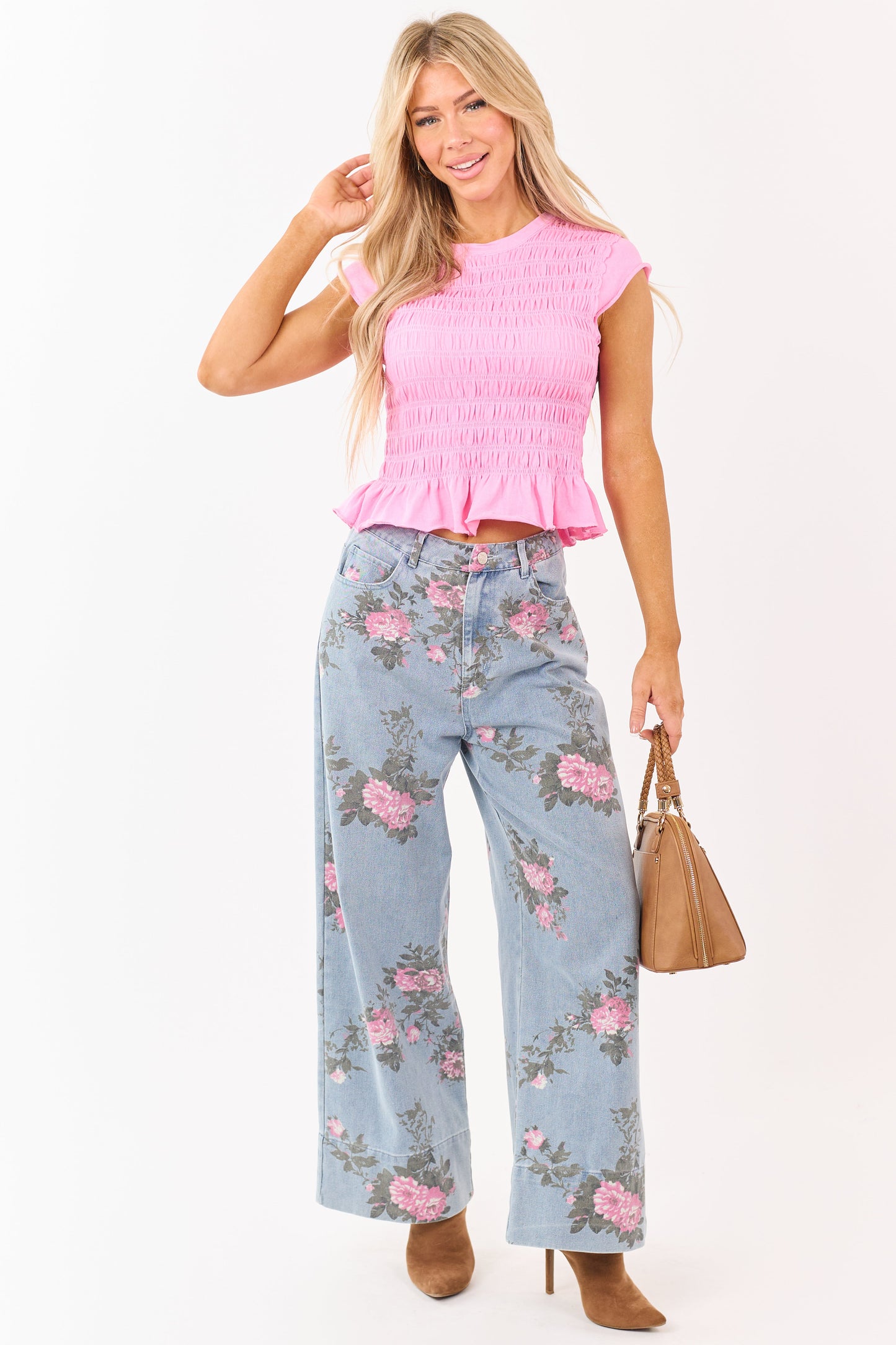 Entro Light Wash Floral Print Wide Leg Jeans