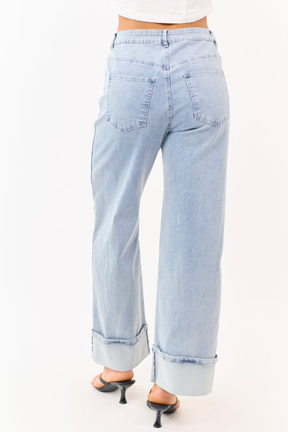 Entro Light Wash Stretchy Cuffed Wide Leg Jeans