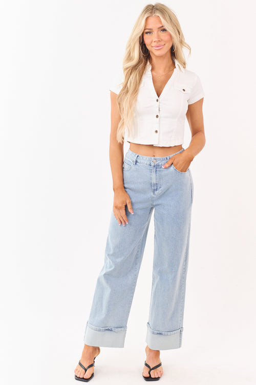 Entro Light Wash Stretchy Cuffed Wide Leg Jeans