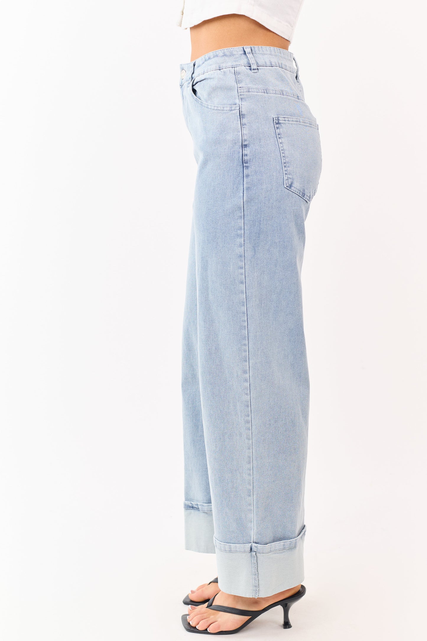 Entro Light Wash Stretchy Cuffed Wide Leg Jeans