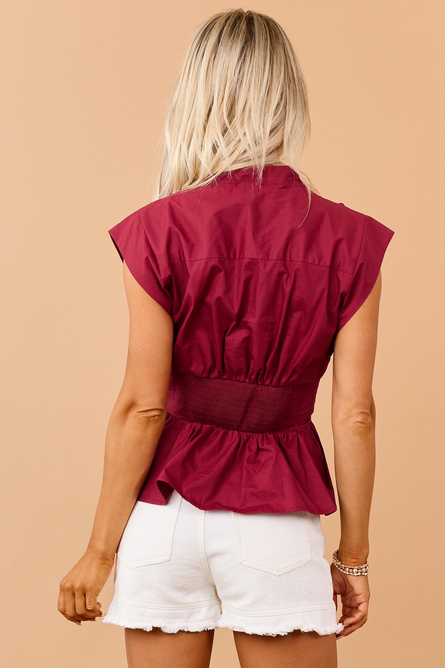 Entro Maroon Cotton Button Down Peplum Top